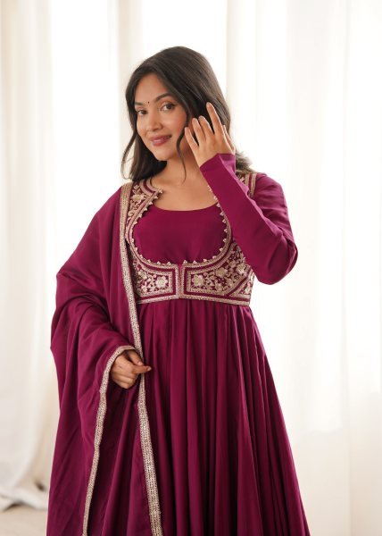 Maroon Roman Silk Chanderi Anarkali Gown with Fancy Jacket and Embroidered Dupatta Ready To Wear Collection