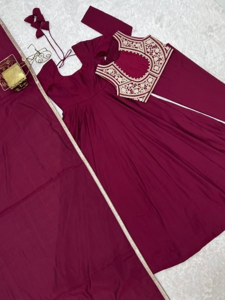 Maroon Roman Silk Chanderi Anarkali Gown with Fancy Jacket and Embroidered Dupatta Ready To Wear Collection