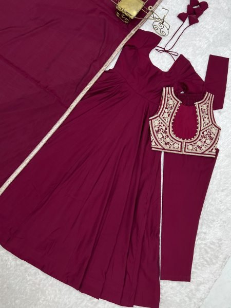 Maroon Roman Silk Chanderi Anarkali Gown with Fancy Jacket and Embroidered Dupatta Ready To Wear Collection