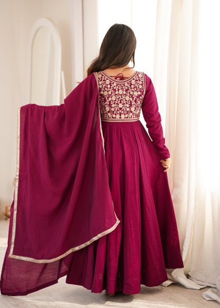 Maroon Roman Silk Chanderi Anarkali Gown with Fancy Jacket and Embroidered Dupatta Ready To Wear Collection