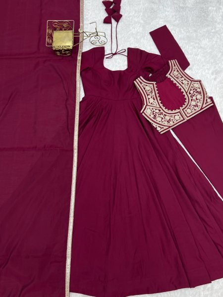 Maroon Roman Silk Chanderi Anarkali Gown with Fancy Jacket and Embroidered Dupatta Ready To Wear Collection