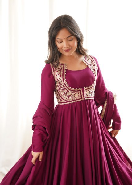 Maroon Roman Silk Chanderi Anarkali Gown with Fancy Jacket and Embroidered Dupatta Ready To Wear Collection