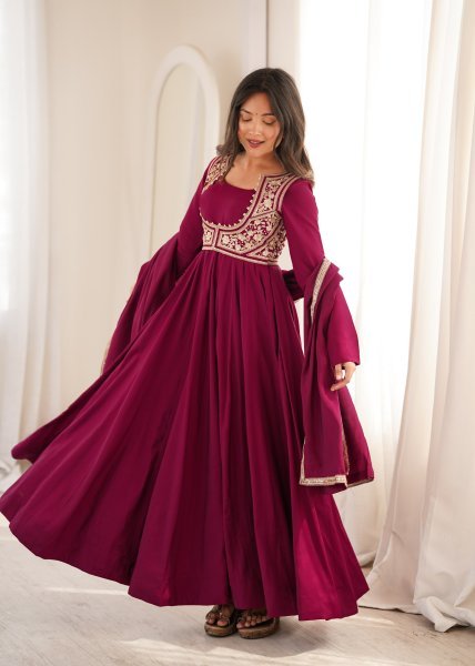 Maroon Roman Silk Chanderi Anarkali Gown with Fancy Jacket and Embroidered Dupatta Ready To Wear Collection