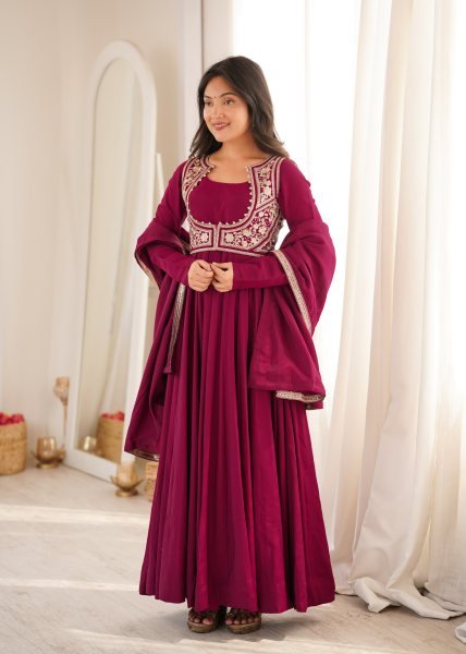 Maroon Roman Silk Chanderi Anarkali Gown with Fancy Jacket and Embroidered Dupatta Ready To Wear Collection