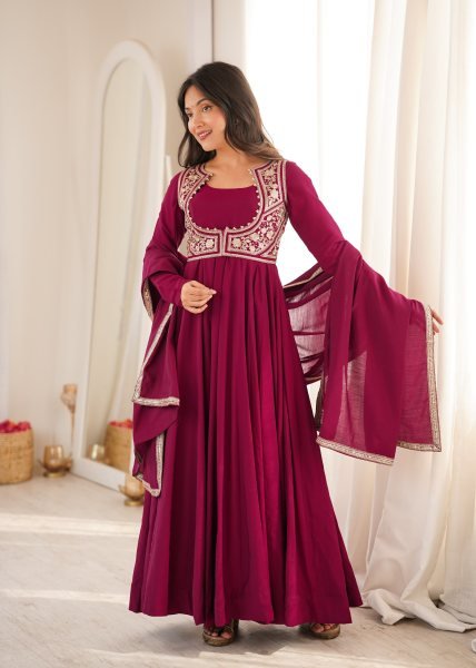 Maroon Roman Silk Chanderi Anarkali Gown with Fancy Jacket and Embroidered Dupatta Ready To Wear Collection