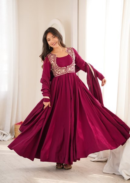 Maroon Roman Silk Chanderi Anarkali Gown with Fancy Jacket and Embroidered Dupatta Ready To Wear Collection