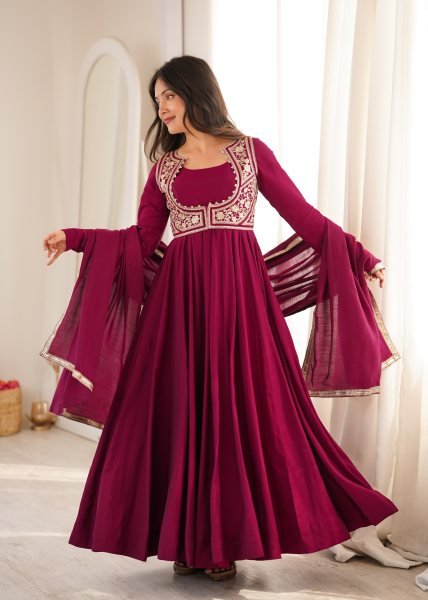 Maroon Roman Silk Chanderi Anarkali Gown with Fancy Jacket and Embroidered Dupatta Ready To Wear Collection