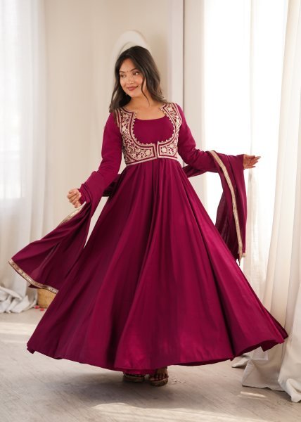 Maroon Roman Silk Chanderi Anarkali Gown with Fancy Jacket and Embroidered Dupatta Ready To Wear Collection