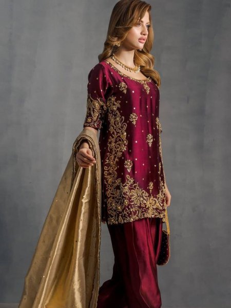 Maroon Satin Salwar Suit with Heavy Embroidery and Silk Dupatta Perfect for Wedding Wear Ready To Wear Suit