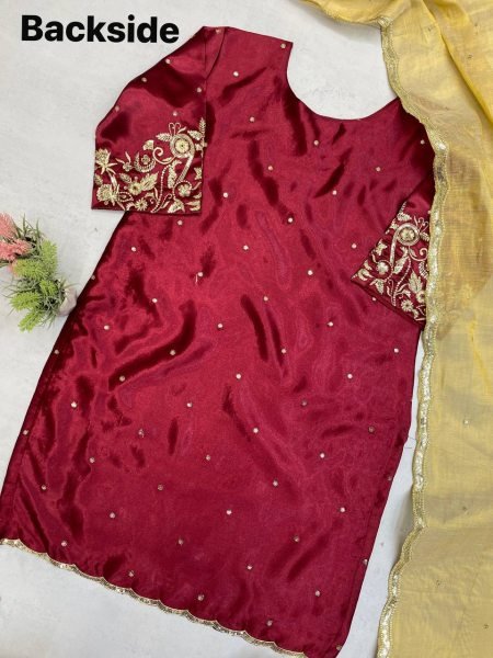 Maroon Satin Salwar Suit with Heavy Embroidery and Silk Dupatta Perfect for Wedding Wear Ready To Wear Collection