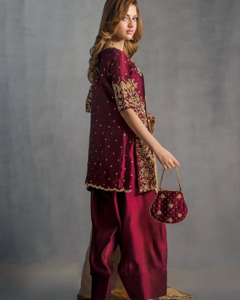 Maroon Satin Salwar Suit with Heavy Embroidery and Silk Dupatta Perfect for Wedding Wear Ready To Wear Collection