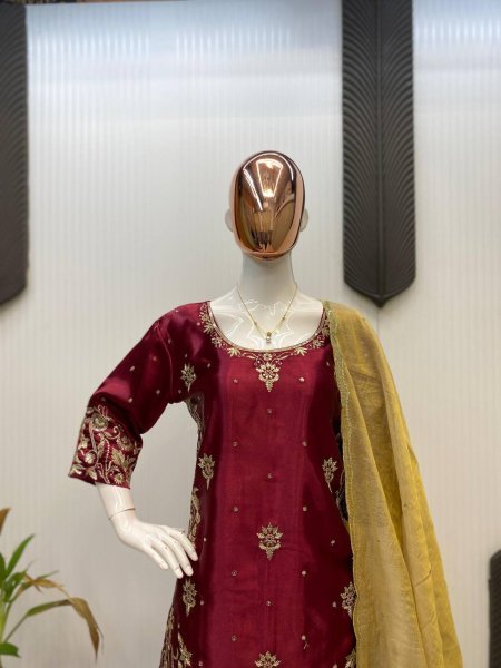 Maroon Satin Salwar Suit with Heavy Embroidery and Silk Dupatta Perfect for Wedding Wear Ready To Wear Collection