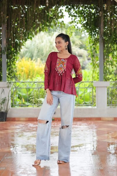 Maroon Schiffli Georgette Peplum Top with Full Sleeves Traditional Kutchi Design Navratri Collection