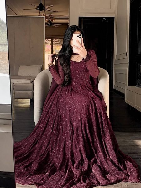 Maroon Star Georgette Silk Embroidered Gown with Dupatta for Wedding Functions Ready To Wear Collection