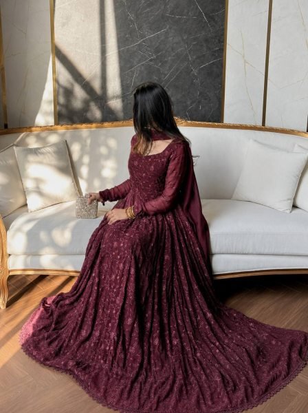 Maroon Star Georgette Silk Embroidered Gown with Dupatta for Wedding Functions Ready To Wear Collection