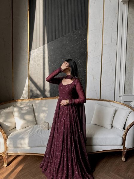 Maroon Star Georgette Silk Embroidered Gown with Dupatta for Wedding Functions Ready To Wear Collection