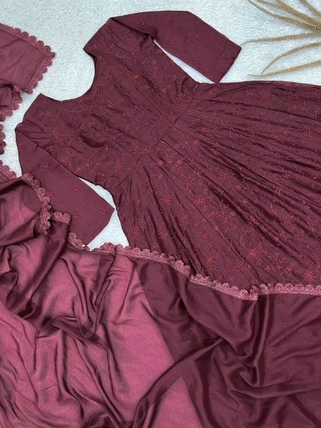 Maroon Star Georgette Silk Embroidered Gown with Dupatta for Wedding Functions Ready To Wear Collection