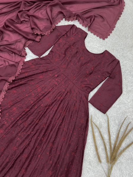 Maroon Star Georgette Silk Embroidered Gown with Dupatta for Wedding Functions Ready To Wear Collection