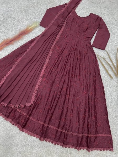 Maroon Star Georgette Silk Embroidered Gown with Dupatta for Wedding Functions Ready To Wear Collection