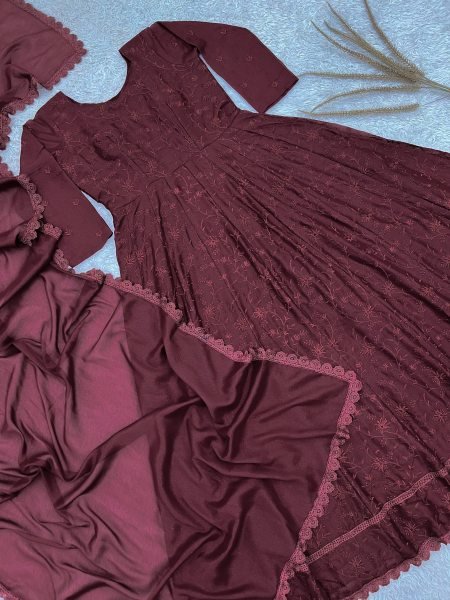Maroon Star Georgette Silk Embroidered Gown with Dupatta for Wedding Functions Ready To Wear Collection