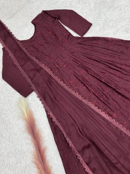 Maroon Star Georgette Silk Embroidered Gown with Dupatta for Wedding Functions Ready To Wear Collection