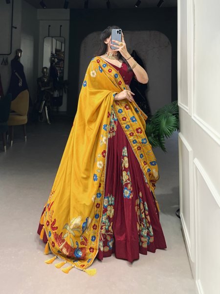 Maroon Tussar Silk Lehenga Choli with Foil Print Dupatta Festive Wear for Navratri Garba Night 2025 Collection Navratri Lehnega Choli