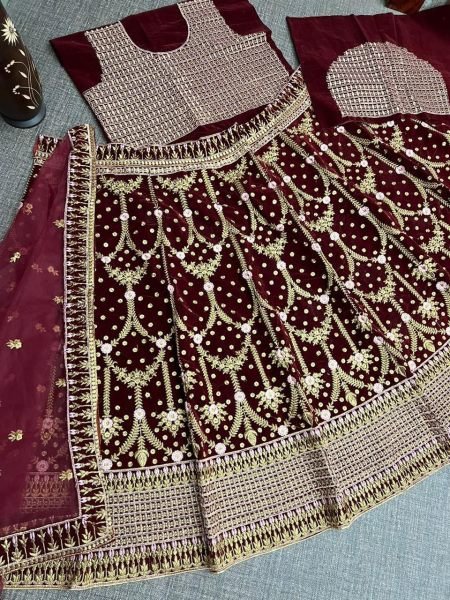 Maroon Velvet Designer Embroidery Work Bridal Lehenga Bridal Lehenga Choli
