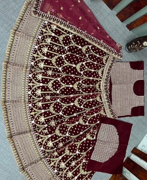 Maroon Velvet Designer Embroidery Work Bridal Lehenga Bridal Lehenga Choli