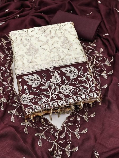 Maroon Vichitra Silk Suit with Santoon Bottom and Embroidered Dupatta Dress Material 