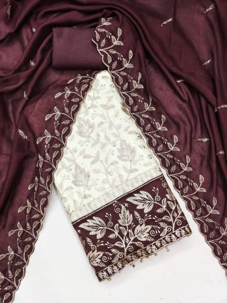 Maroon Vichitra Silk Suit with Santoon Bottom and Embroidered Dupatta Color Set Matching Dress Material Wholesale