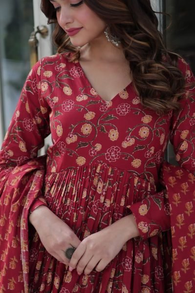 Marron Pure Cotton Readymade Gown Pant Dupatta Set Royal Export Manufacturing Anarkali Kurtis 