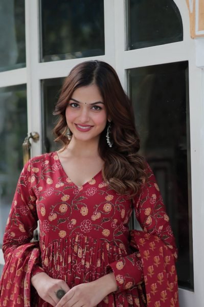 Marron Pure Cotton Readymade Gown Pant Dupatta Set Royal Export Manufacturing Anarkali Kurtis 