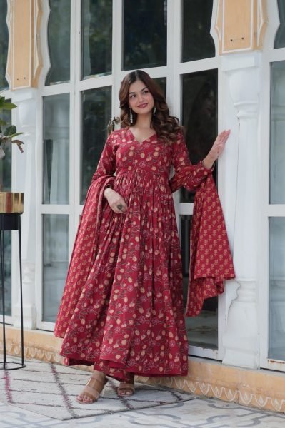 Marron Pure Cotton Readymade Gown Pant Dupatta Set Royal Export Manufacturing Anarkali Kurtis 