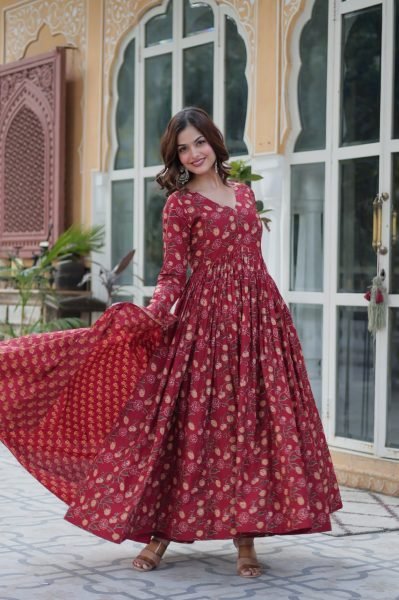 Marron Pure Cotton Readymade Gown Pant Dupatta Set Royal Export Manufacturing Anarkali Kurtis 