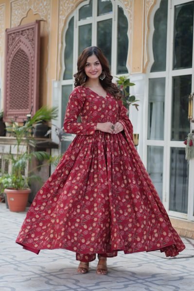 Marron Pure Cotton Readymade Gown Pant Dupatta Set Royal Export Manufacturing Anarkali Kurtis 