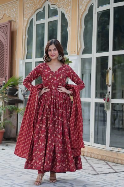 Marron Pure Cotton Readymade Gown Pant Dupatta Set Royal Export Manufacturing Anarkali Kurtis 