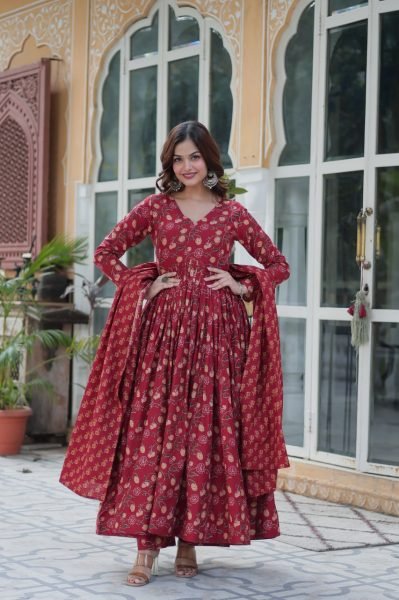 Marron Pure Cotton Readymade Gown Pant Dupatta Set Royal Export Manufacturing Anarkali Kurtis 