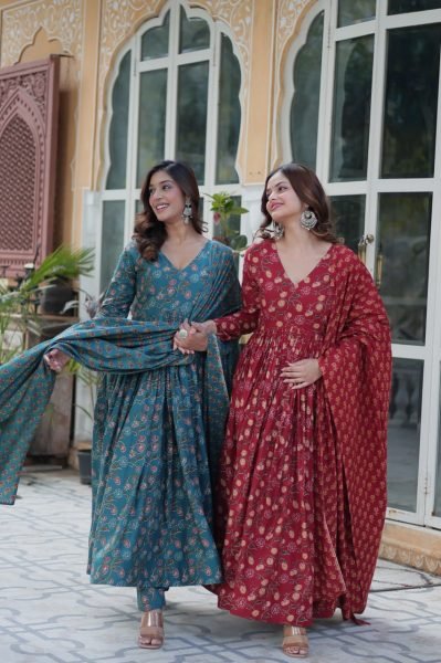 Marron Pure Cotton Readymade Gown Pant Dupatta Set Royal Export Manufacturing Anarkali Kurtis 