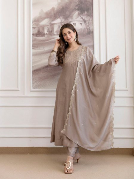 Marvelous Beige Designer Vichitra Silk Anarkali Kurti Sharara Suit for Women Anarkali Kurtis 