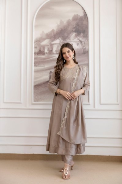 Marvelous Beige Designer Vichitra Silk Anarkali Kurti Sharara Suit for Women Embroidery Kurtis 