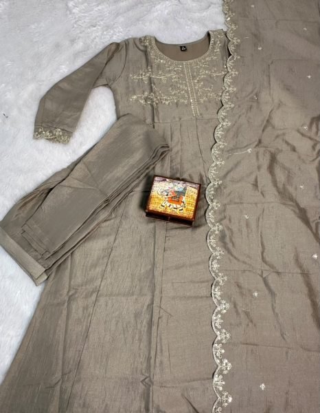 Marvelous Beige Designer Vichitra Silk Anarkali Kurti Sharara Suit for Women Embroidery Kurtis 