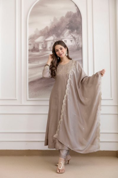 Marvelous Beige Designer Vichitra Silk Anarkali Kurti Sharara Suit for Women Embroidery Kurtis 