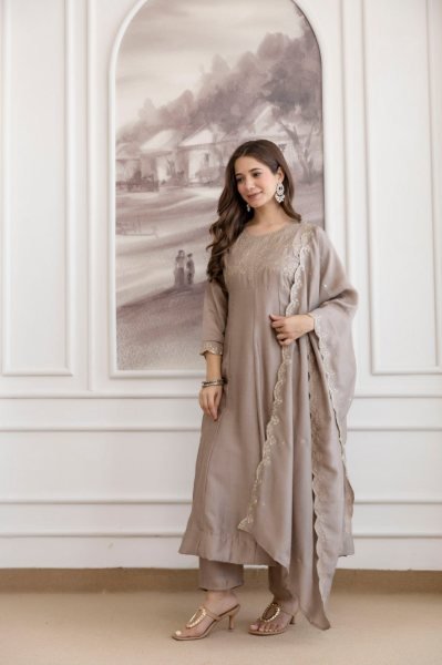Marvelous Beige Designer Vichitra Silk Anarkali Kurti Sharara Suit for Women Embroidery Kurtis 