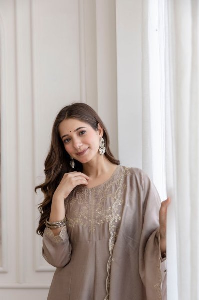 Marvelous Beige Designer Vichitra Silk Anarkali Kurti Sharara Suit for Women Embroidery Kurtis 