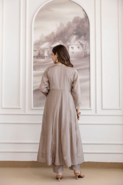 Marvelous Beige Designer Vichitra Silk Anarkali Kurti Sharara Suit for Women Embroidery Kurtis 