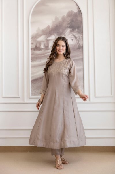 Marvelous Beige Designer Vichitra Silk Anarkali Kurti Sharara Suit for Women Embroidery Kurtis 