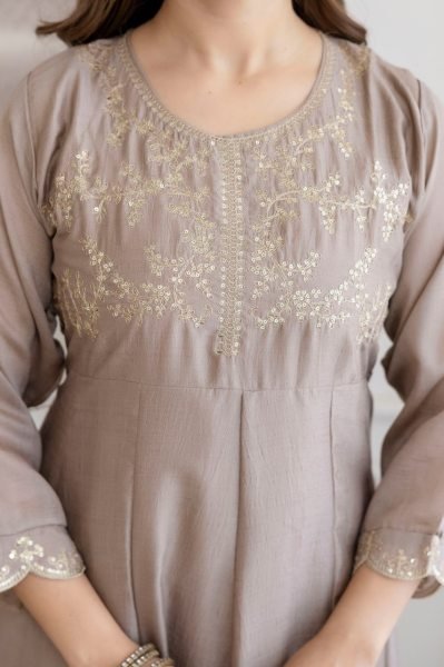 Marvelous Beige Designer Vichitra Silk Anarkali Kurti Sharara Suit for Women Embroidery Kurtis 