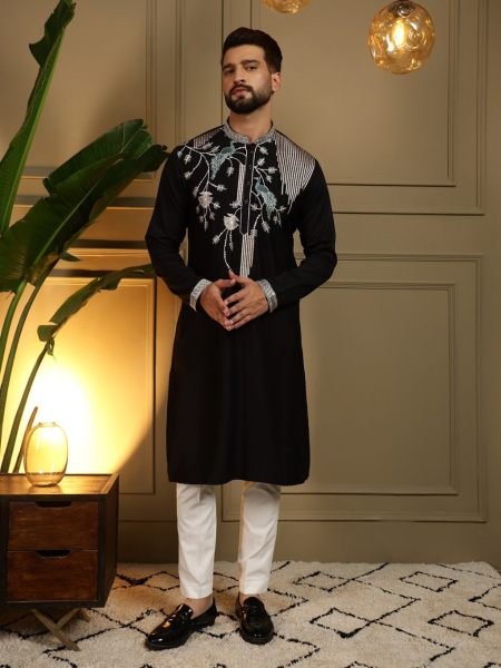 Marvelous Black Designer Men's Kurta Pyjama with Viscose Silk Embroidery Work 