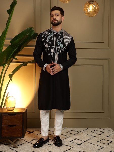 Marvelous Black Designer Men's Kurta Pyjama with Viscose Silk Embroidery Work Kurta Pajama Wholesale