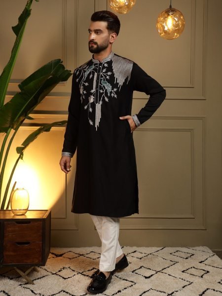 Marvelous Black Designer Men's Kurta Pyjama with Viscose Silk Embroidery Work Kurta Pajama Wholesale